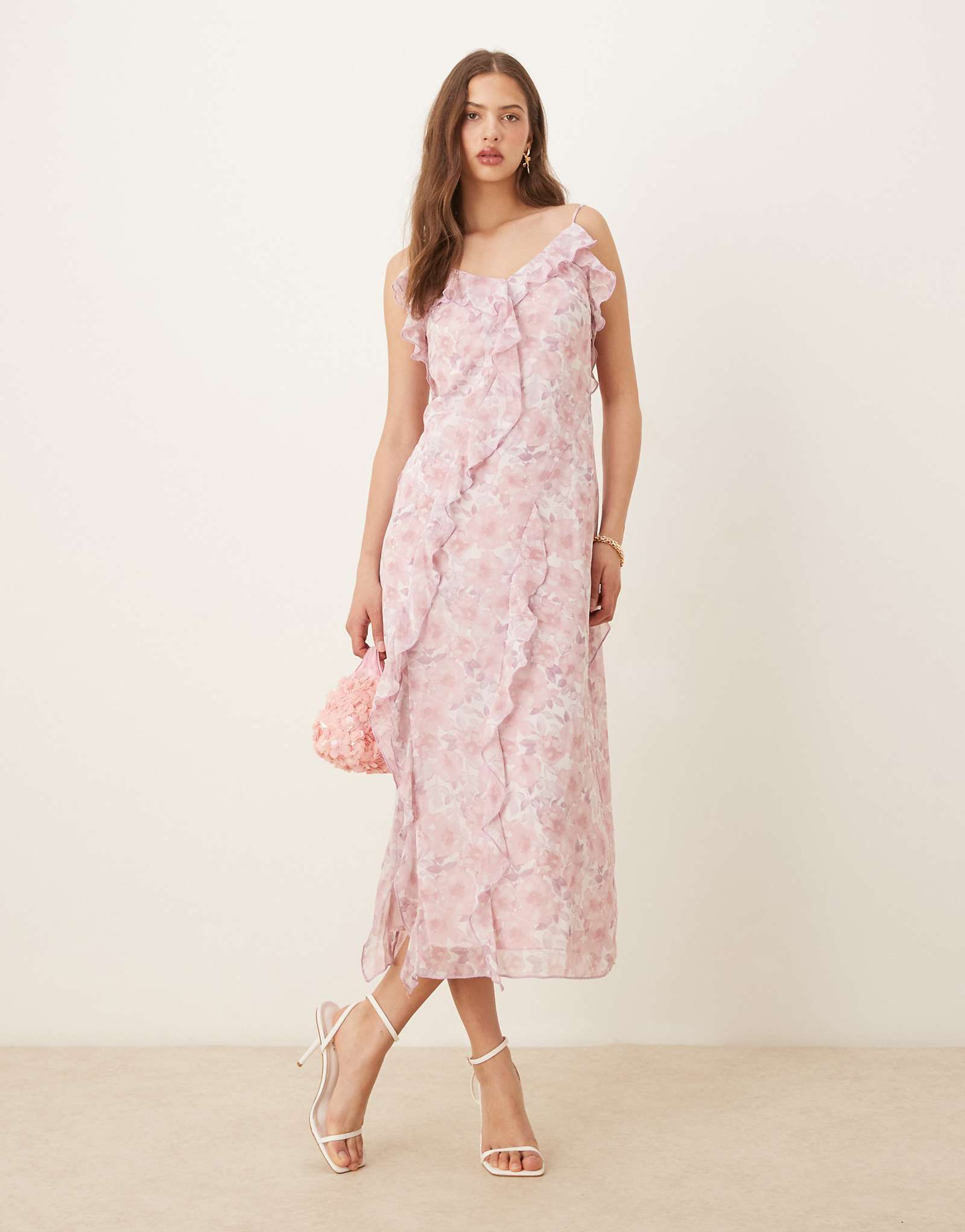 Vila frill trim midi dress in pink delicate floral 19990₽