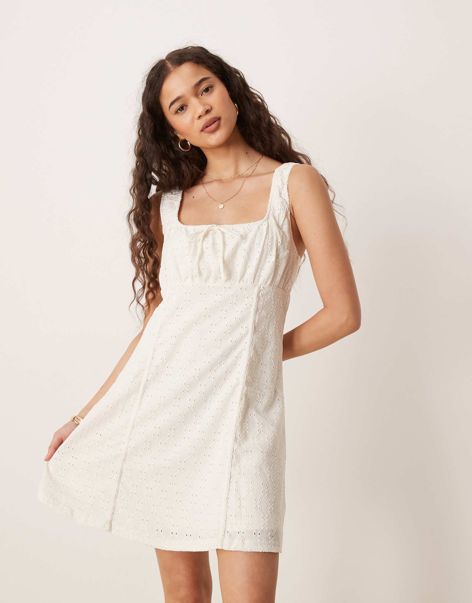 Vila eyelet milkmaid style mini dress in white
