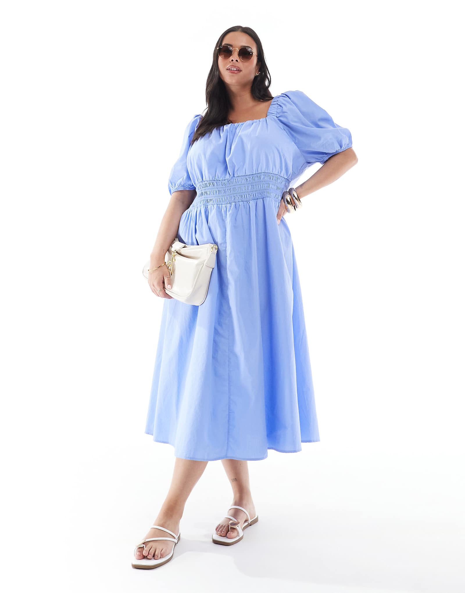 Vero Moda Curve puff sleeve milkmaid style midi dress in blue