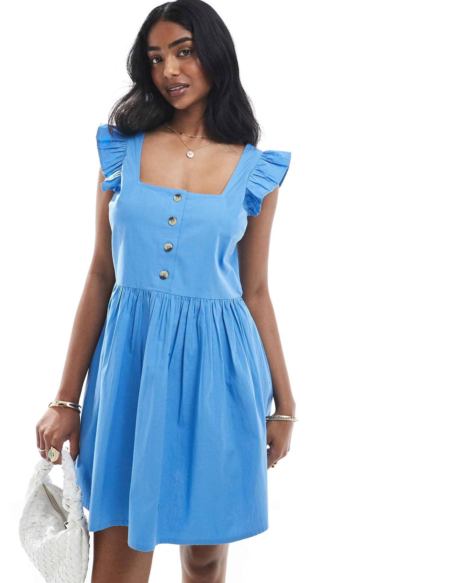 Wednesday's Girl button detail ruffle sleeve mini dress in light blue