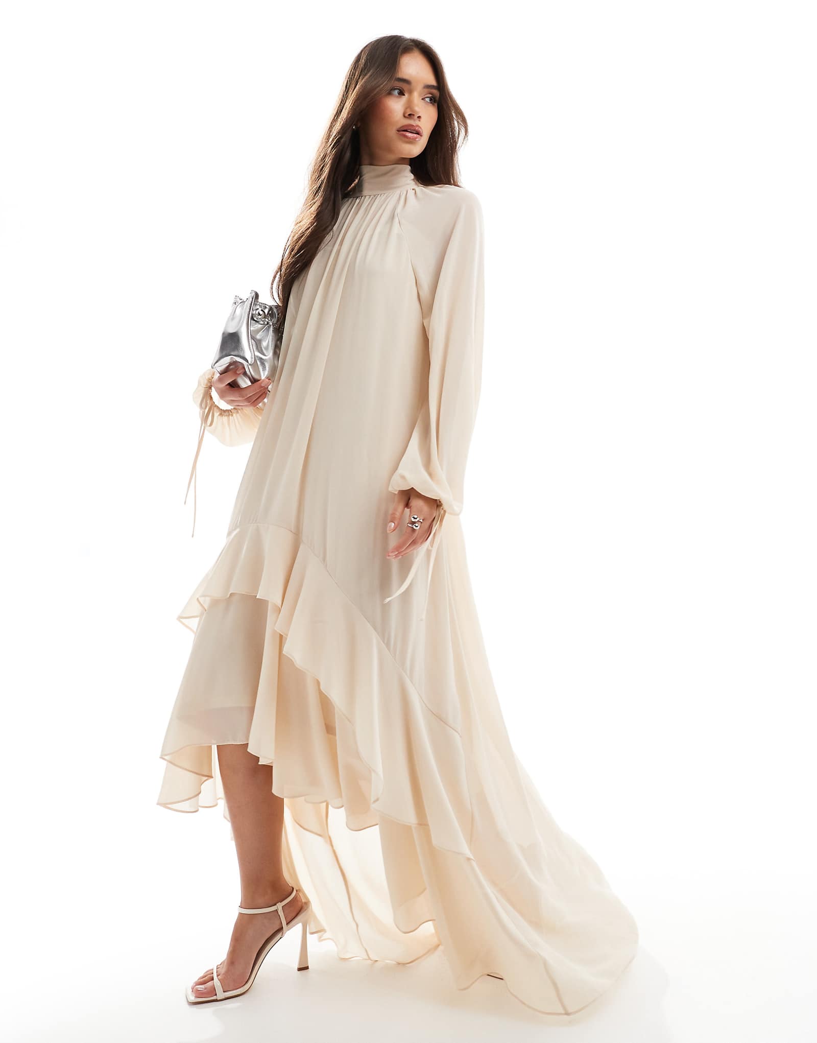 TFNC chiffon maxi dress with tiered hem in mink