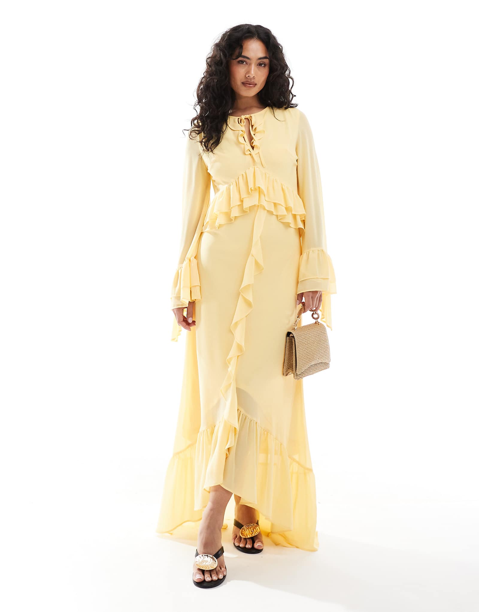 TFNC chiffon maxi dress with frill detail in pale yellow