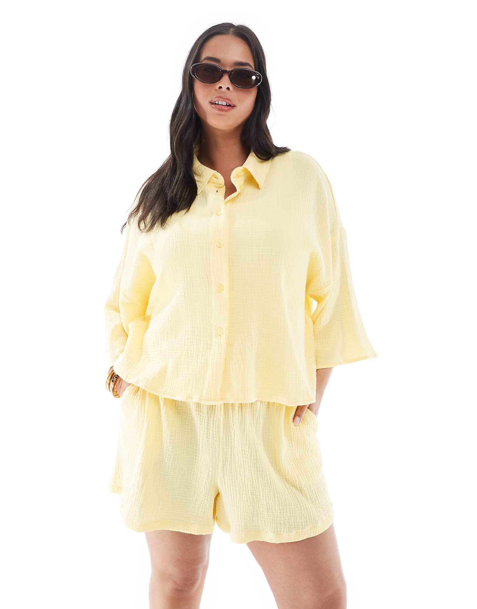 Vero Moda Curve textured cropped shirt in pale yellow - part of a set 6690₽