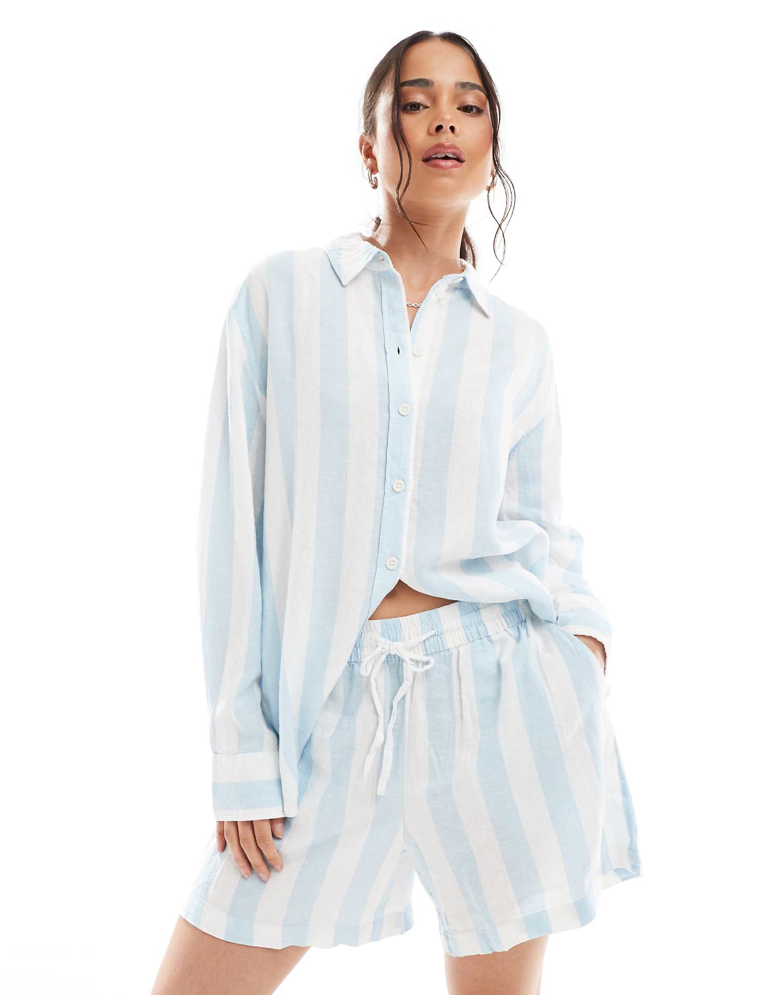 Vero Moda linen touch shorts in pale blue stripe - part of a set