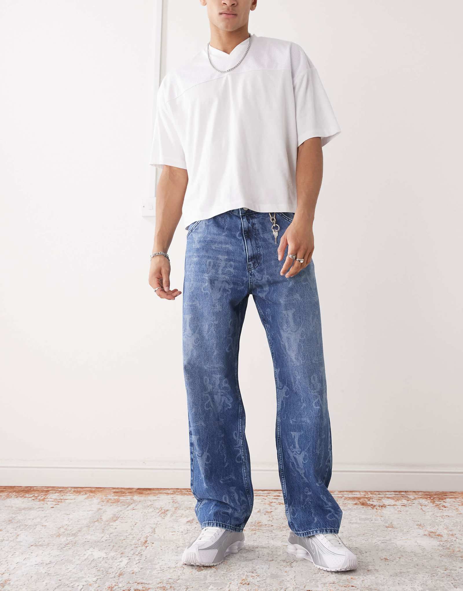 Vertere Berlin geo pattern baggy fit jeans in mid blue wash