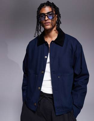 ДИЗАЙНЕРСКАЯ куртка harrington оверсайз от ASOS с вельветовым воротником темно-синего цвета