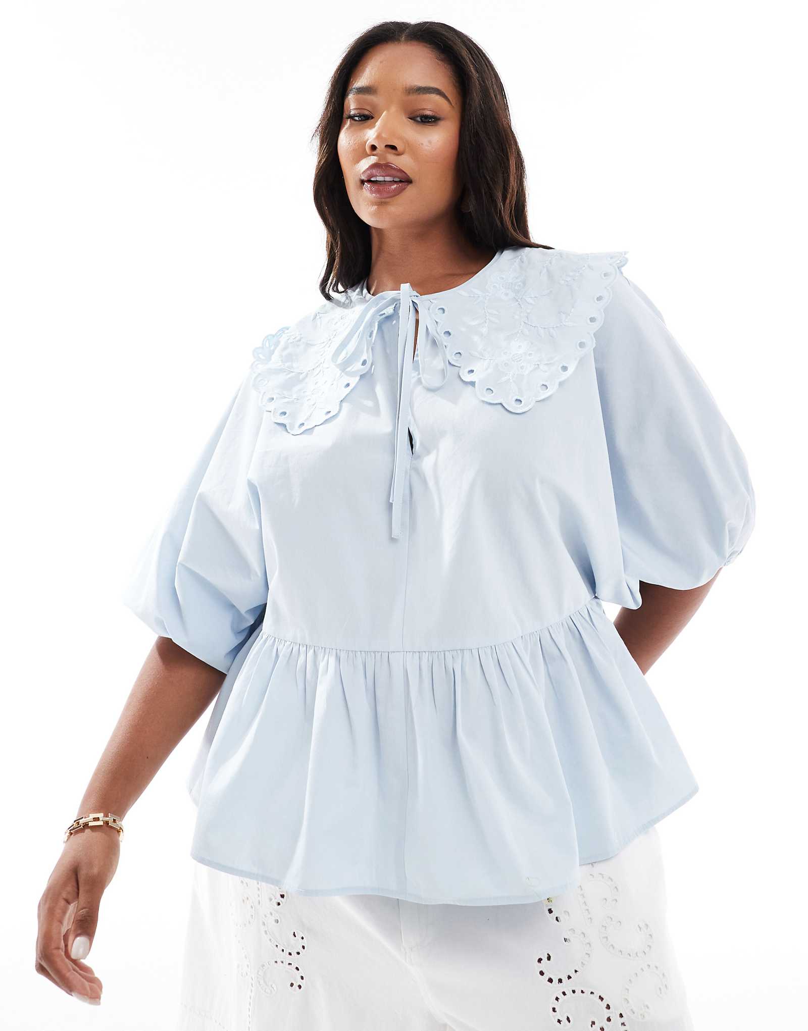 ASOS DESIGN Curve short sleeve smock top with eyelet collar in blue 5890₽