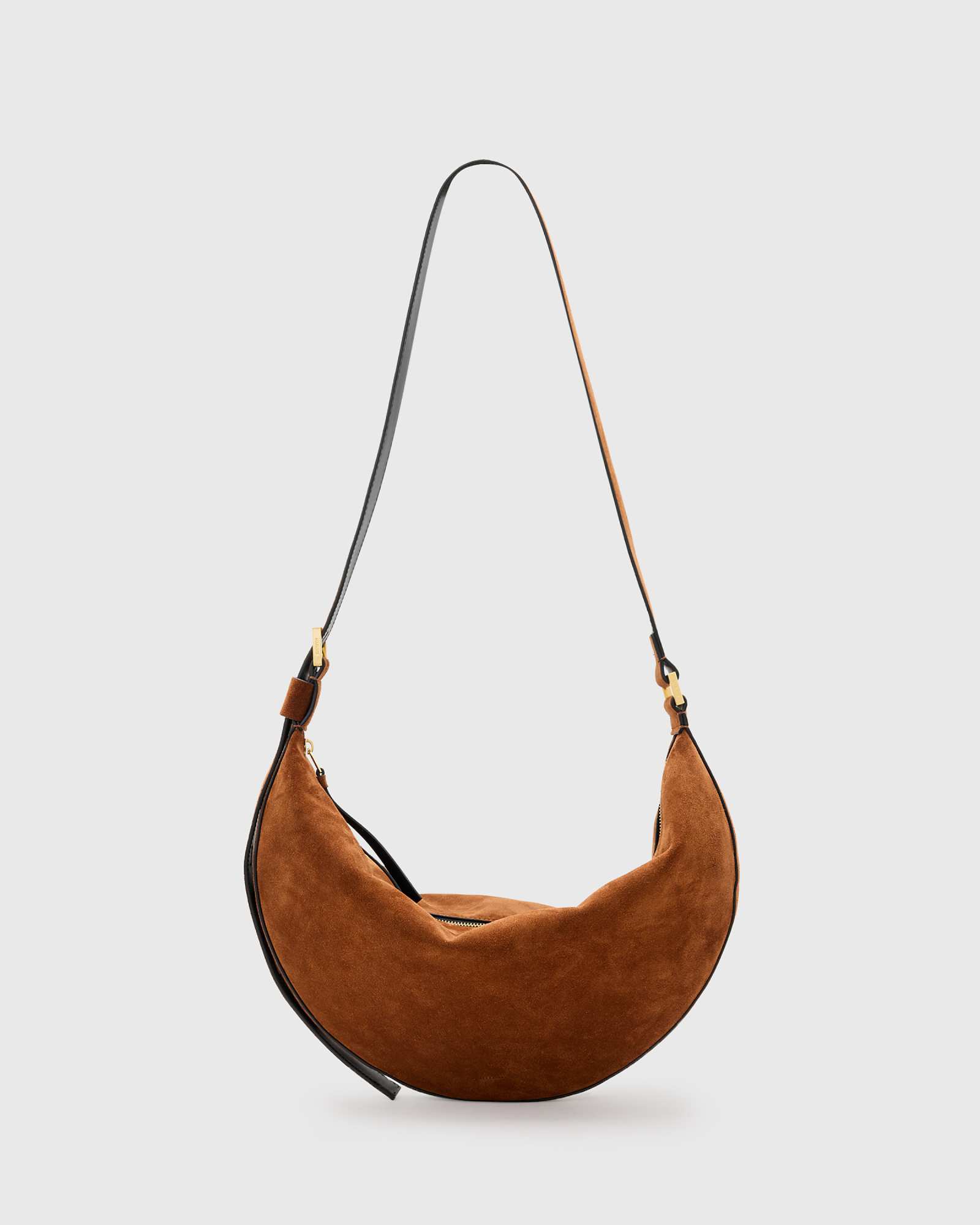 AllSaints halfmoon suede shoulder bag in cognac brown 70390₽