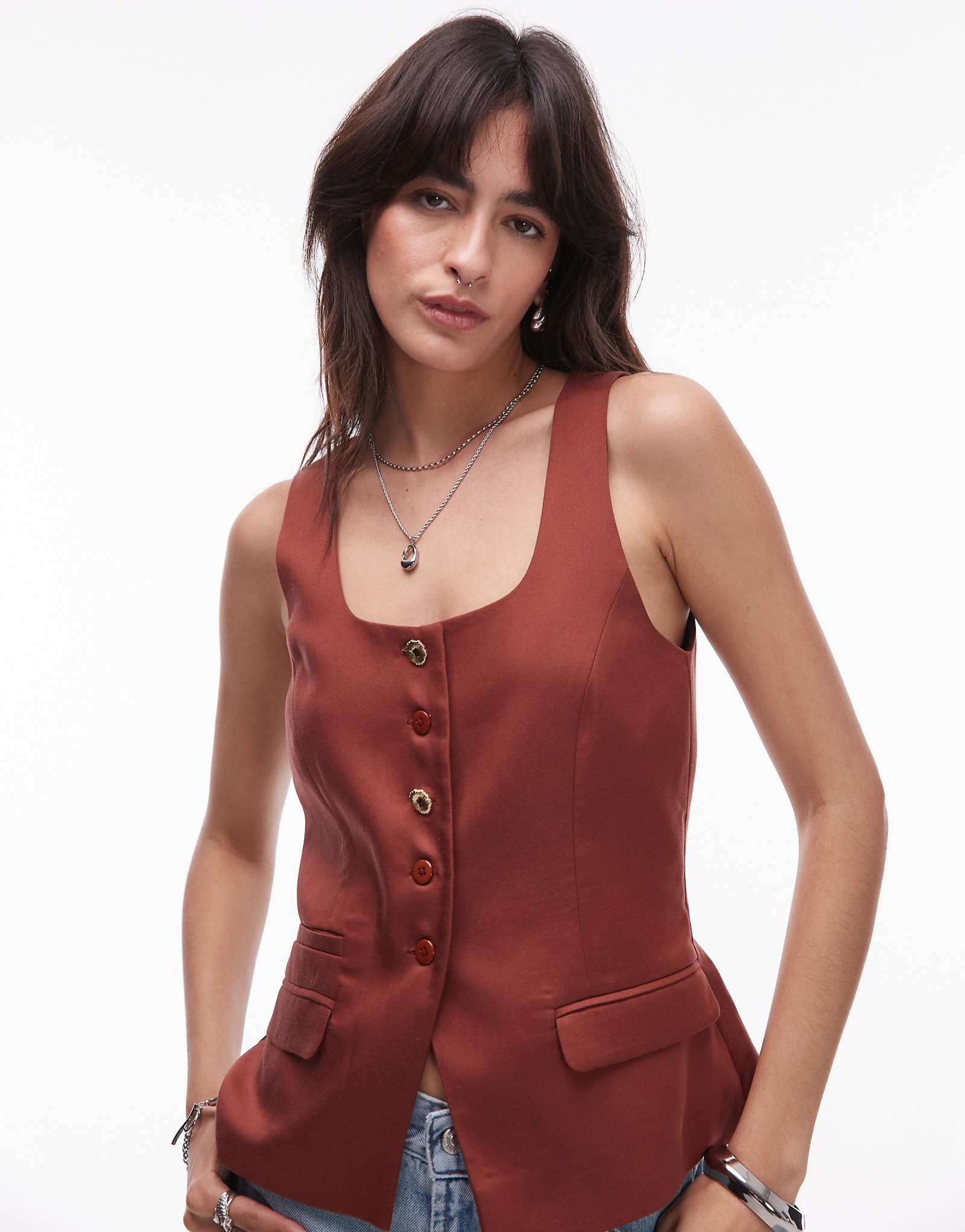 Удлиненный жилет премиум-класса Topshop для гостей на свадьбу с круглым вырезом коричневого цвета 6890₽