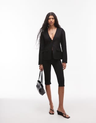 Черный блейзер с овальным рукавом из льняной смеси Topshop без воротника