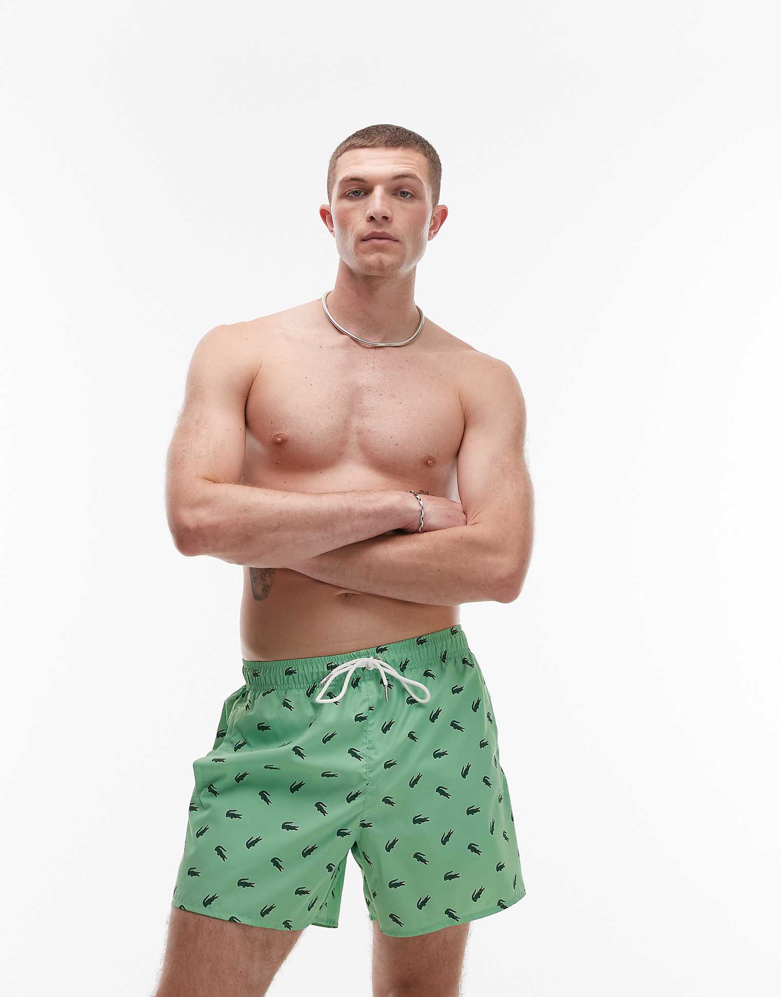 Плавательные шорты Lacoste зеленого цвета с крокодиловым принтом по всему телу 18690₽