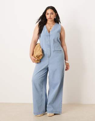 Джинсовый комбинезон ASOS DESIGN Curve без рукавов с завязкой на спине светло-голубого цвета