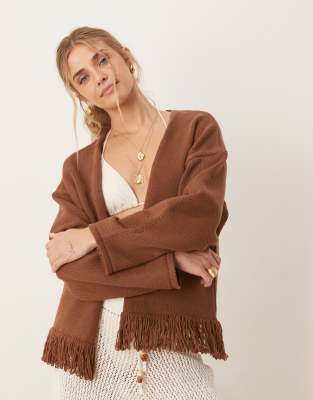 ДИЗАЙНЕРСКИЙ вязаный кардиган ASOS от края до края с бахромой цвета ржавчины