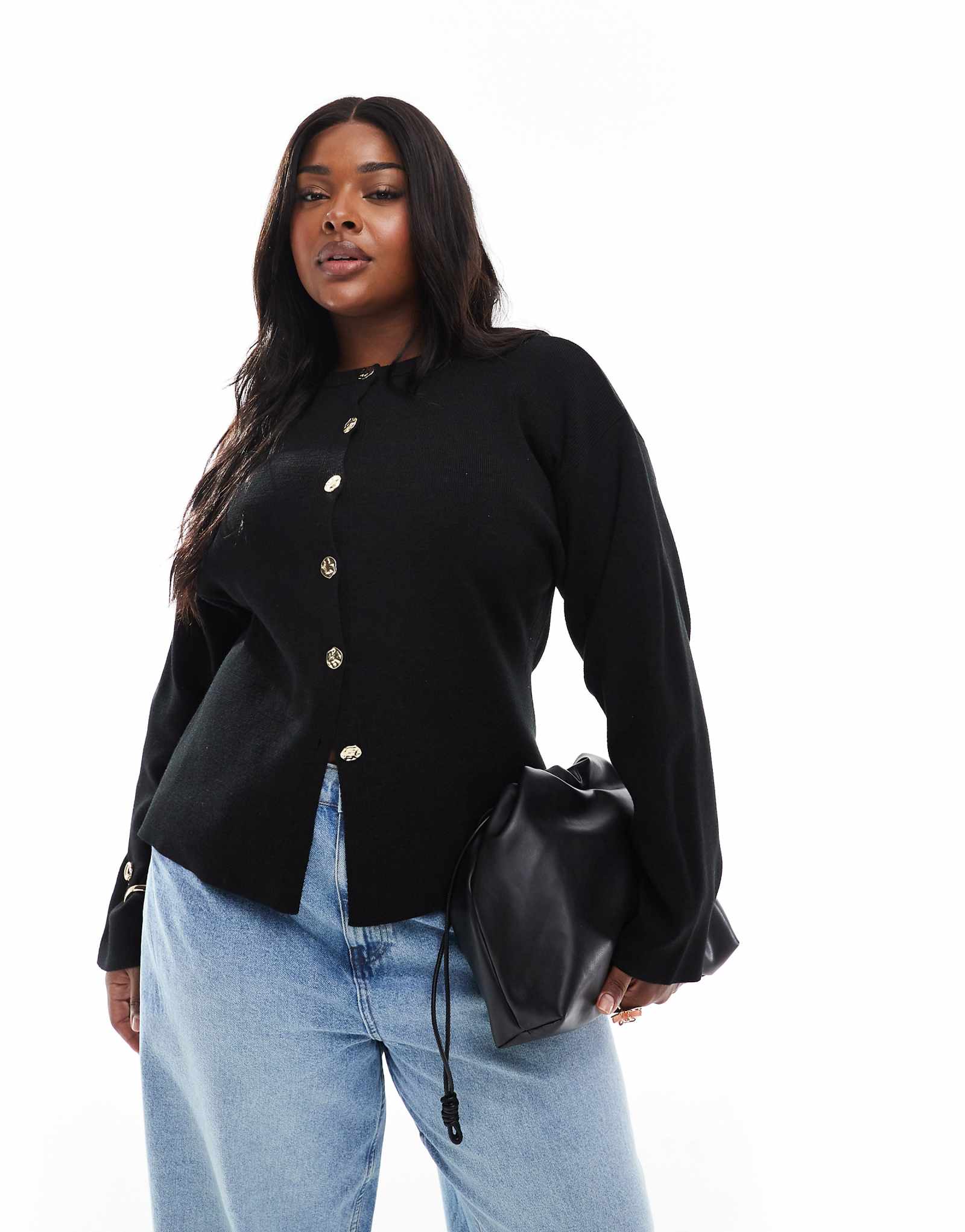 Кардиган ASOS DESIGN Curve из структурированного трикотажа с круглым вырезом и золотыми пуговицами черного цвета 9190₽