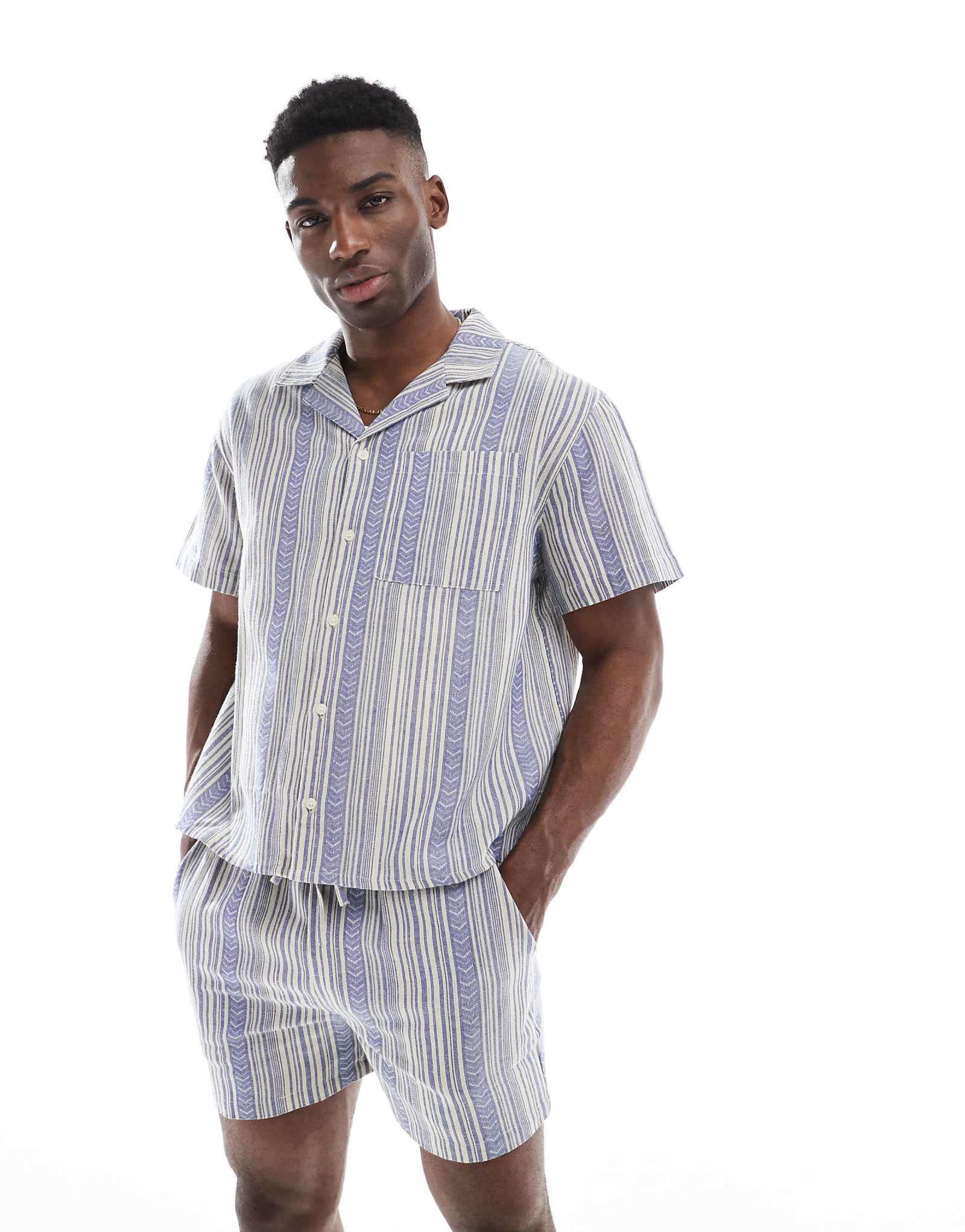 Жаккардовая рубашка с воротником-стойкой Another Influence синего цвета - часть комплекта