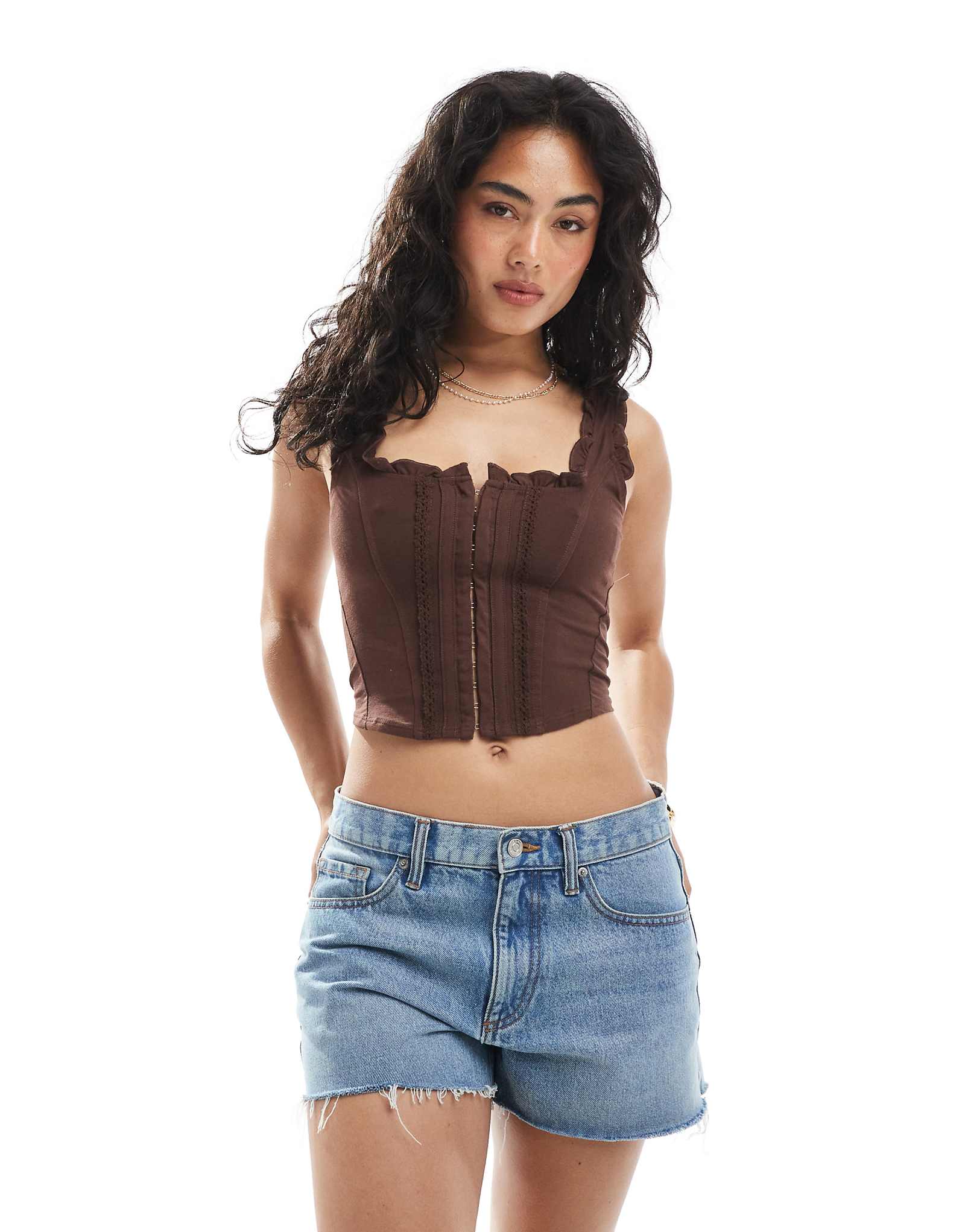 Корсетный топ Miss Selfridge с застежкой на крючки шоколадного цвета 6090₽