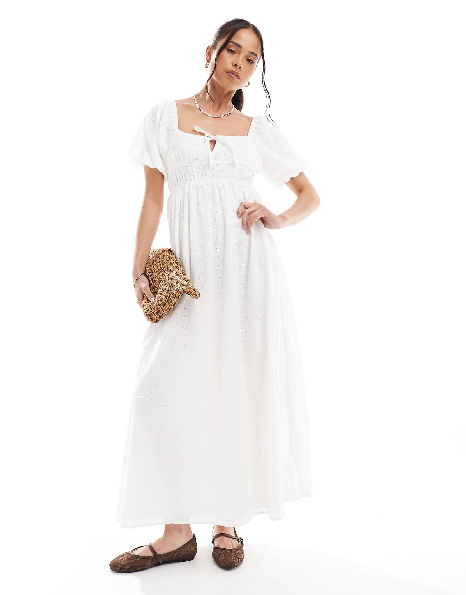 Платье мидакси с пышными рукавами и завязками на груди Daisy Street темно-белого цвета