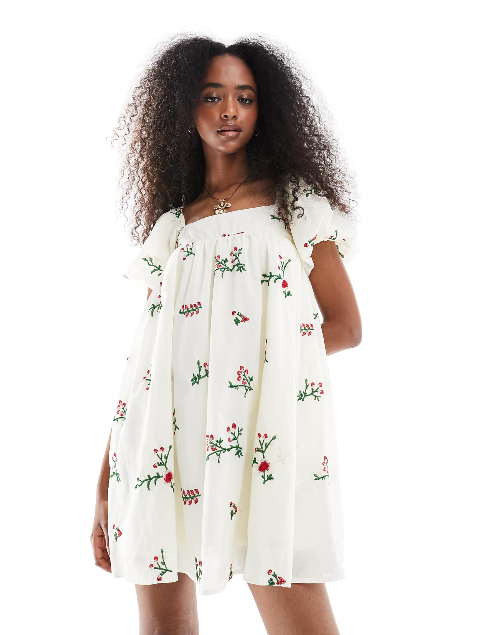 Мини-платье-халат с пышными рукавами и вышивкой Daisy Street бежевого цвета