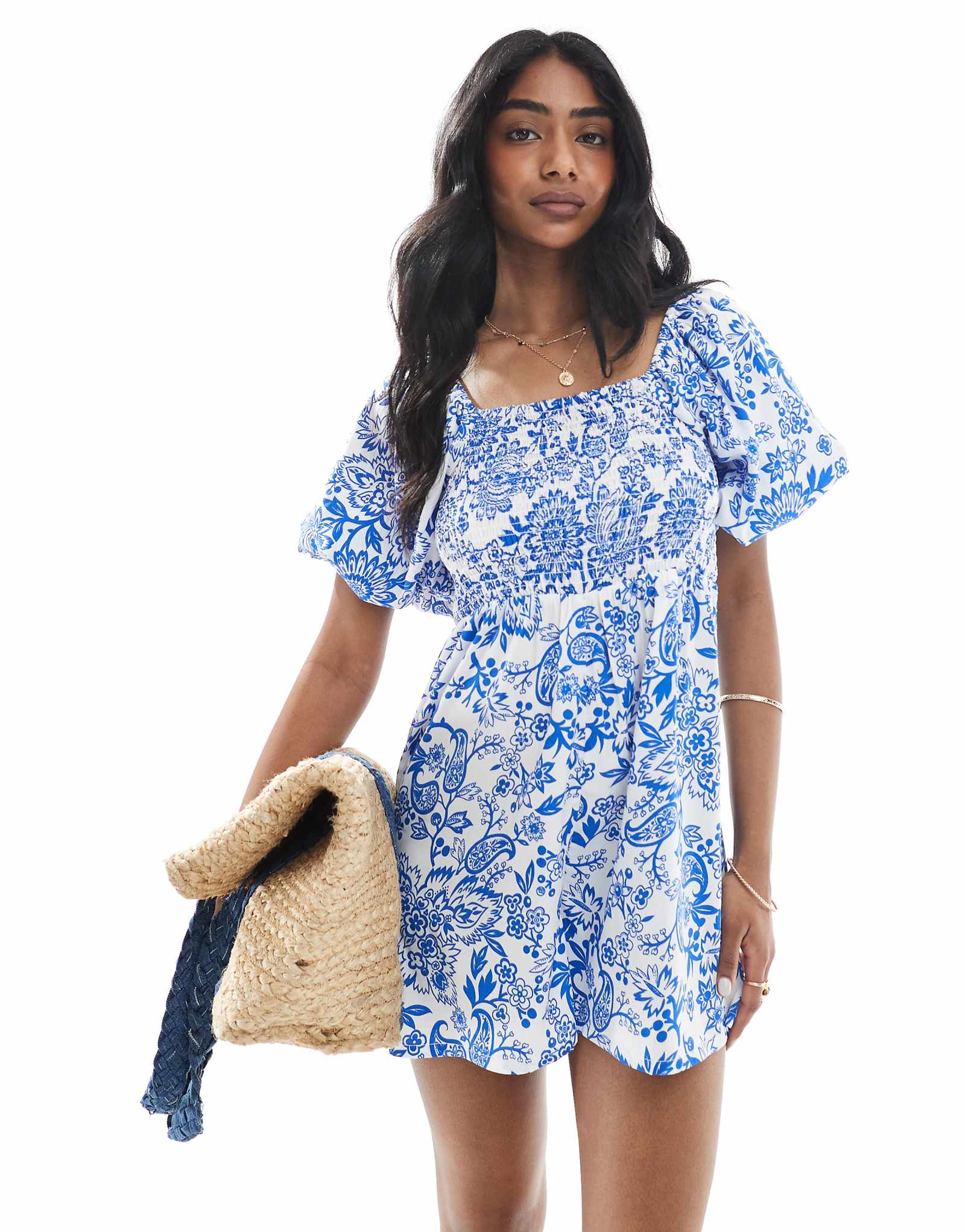 Девушка среду гофрированная деталь бюст слоеного рукав комбинезон в бело-голубых тонах 6190₽