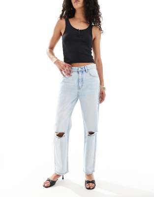 Рваные джинсы-бочкообразки Pull&Bear, застиранные синие