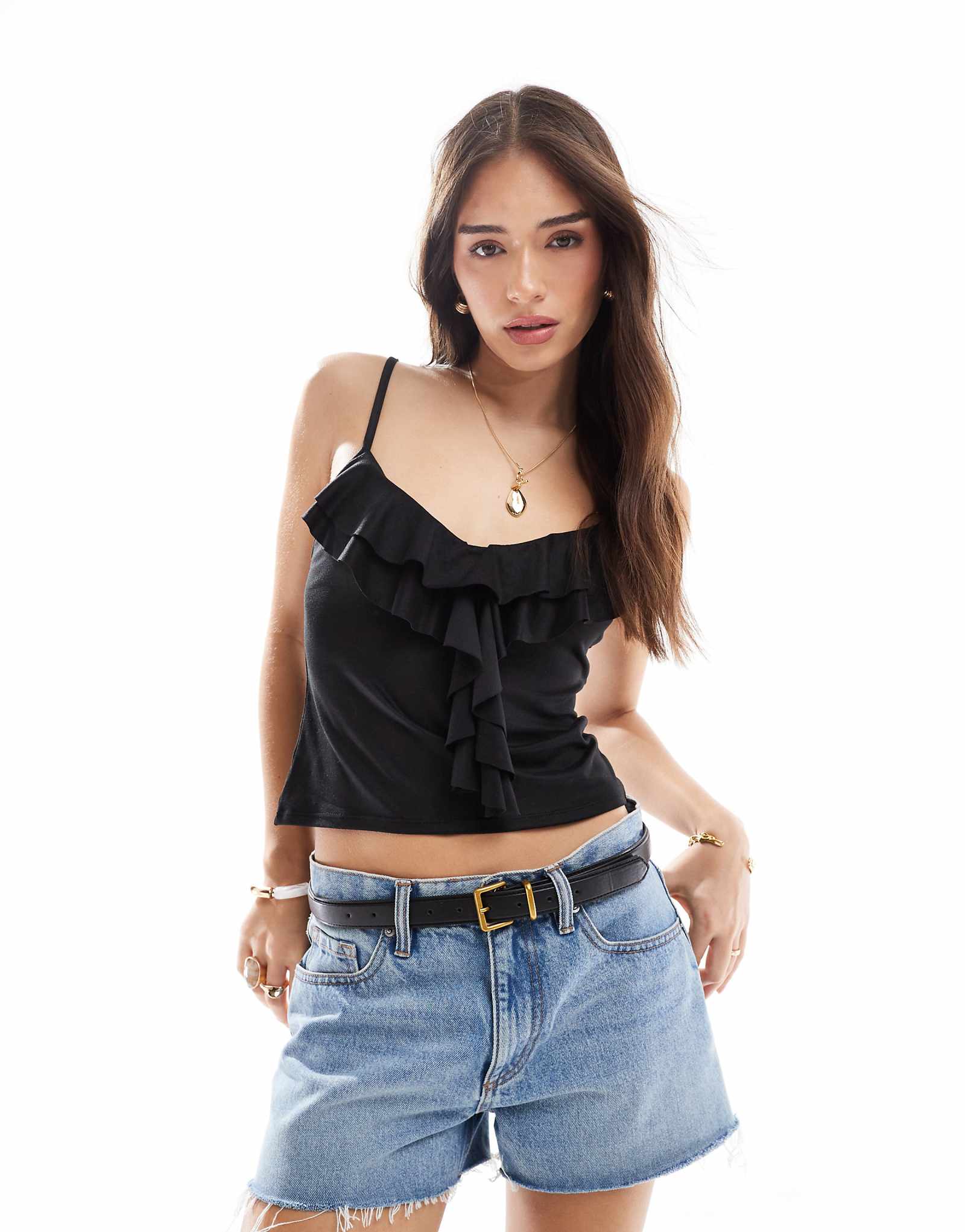 Черный батистовый топ Miss Selfridge с оборками по низу 3490₽