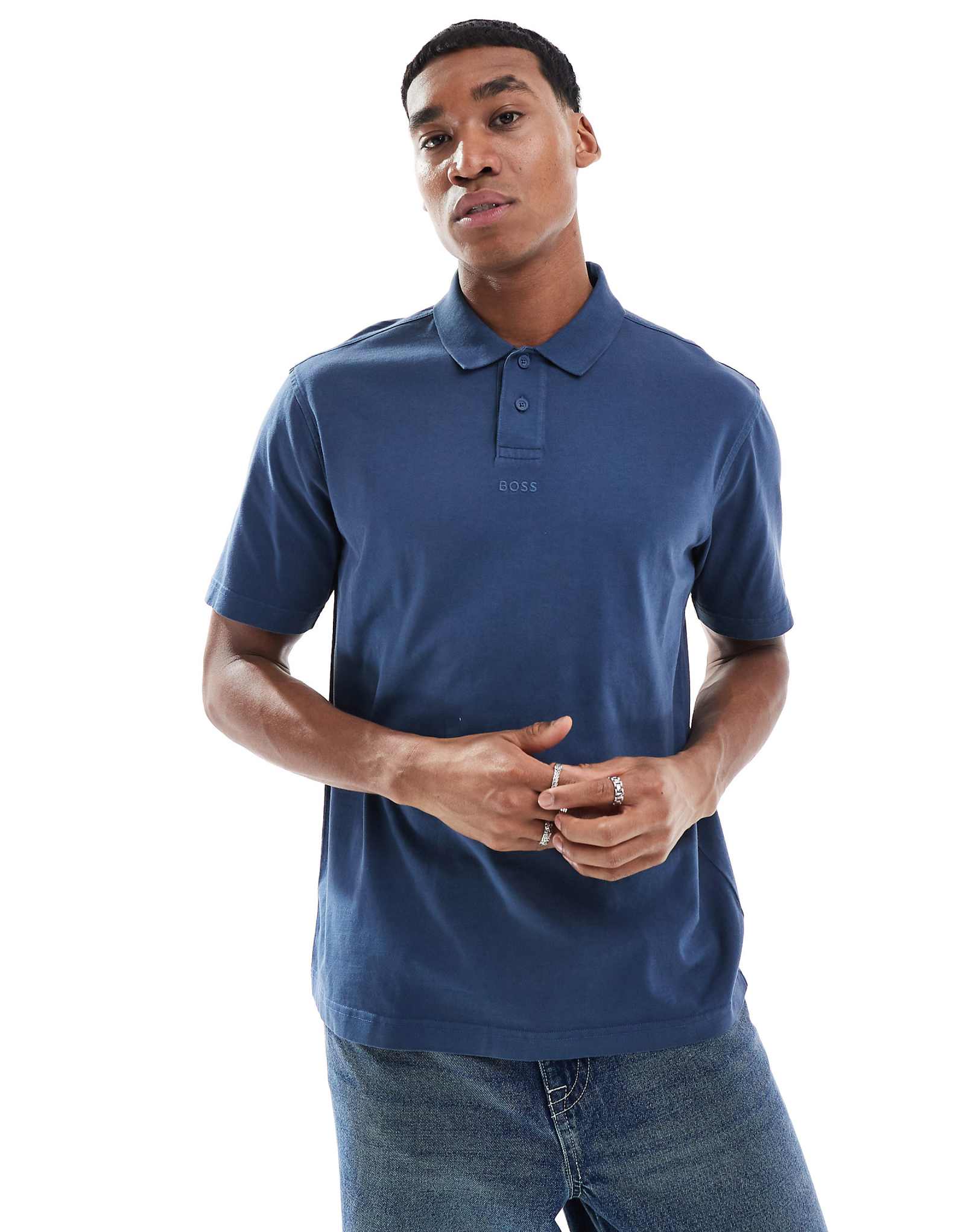 Поло свободного кроя с центральным логотипом BOSS Orange Pe_Dye темно-синего цвета 18690₽