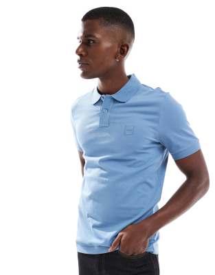 Поло из пике с логотипом BOSS Orange Passenger icon slim fit светло-голубого цвета