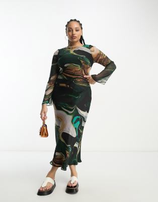 Шифоновое миди-платье ASOS DESIGN Curve с длинным рукавом и мраморным принтом