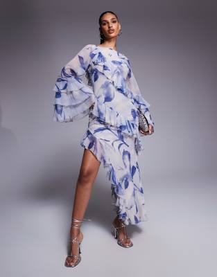 ДИЗАЙНЕРСКОЕ макси-платье ASOS с оборками и длинными рукавами в несколько слоев синего цвета с цветочным принтом