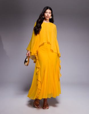 ДИЗАЙНЕРСКОЕ шифоновое макси-платье-трапеция ASOS DESIGN с оборками оранжевого цвета