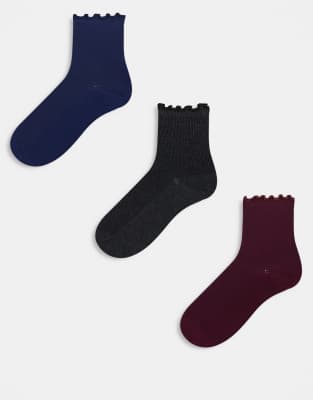 Носки для лодыжек ASOS DESIGN из 3-х упаковок с оборками по краям, разноцветные