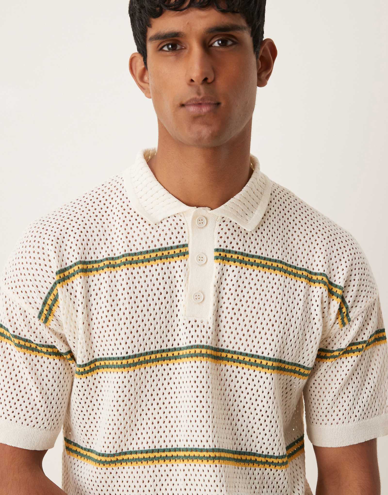 ДИЗАЙНЕРСКОЕ трикотажное поло ASOS кремового цвета в непринужденную полоску airtex DESIGN 5790₽