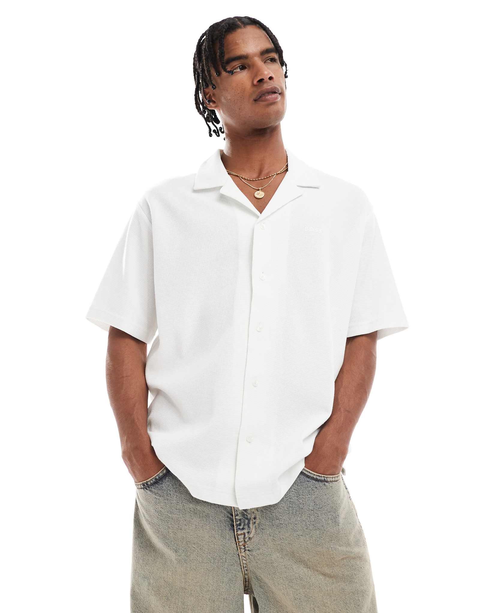 Рубашка свободного кроя BOSS оранжевого цвета с вафельным трикотажным воротником-стойкой и коротким рукавом из камня свободного кроя 24090₽