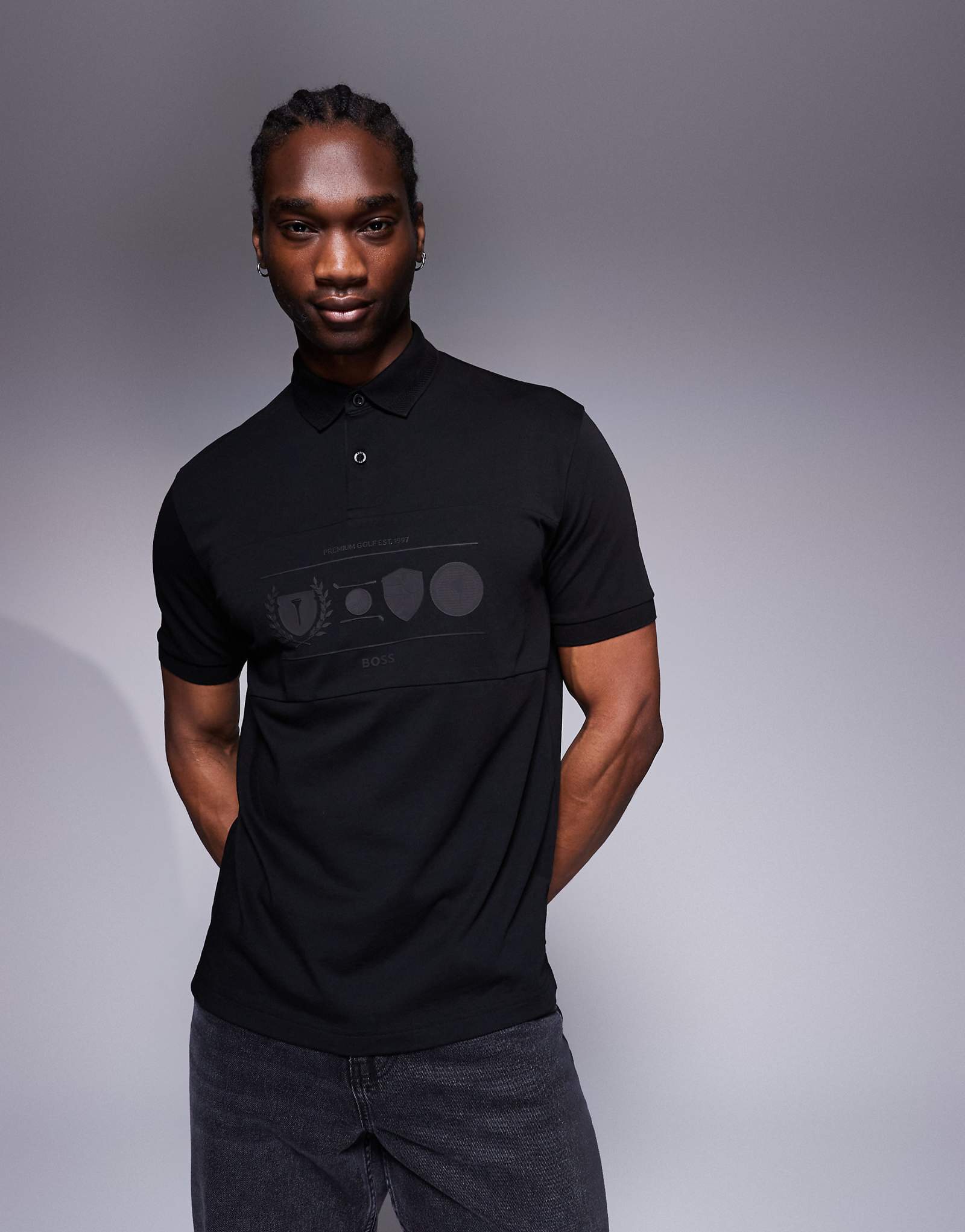 Босс Грин Перси наследия гольф логотип супертяжелом поло свободного кроя в черном