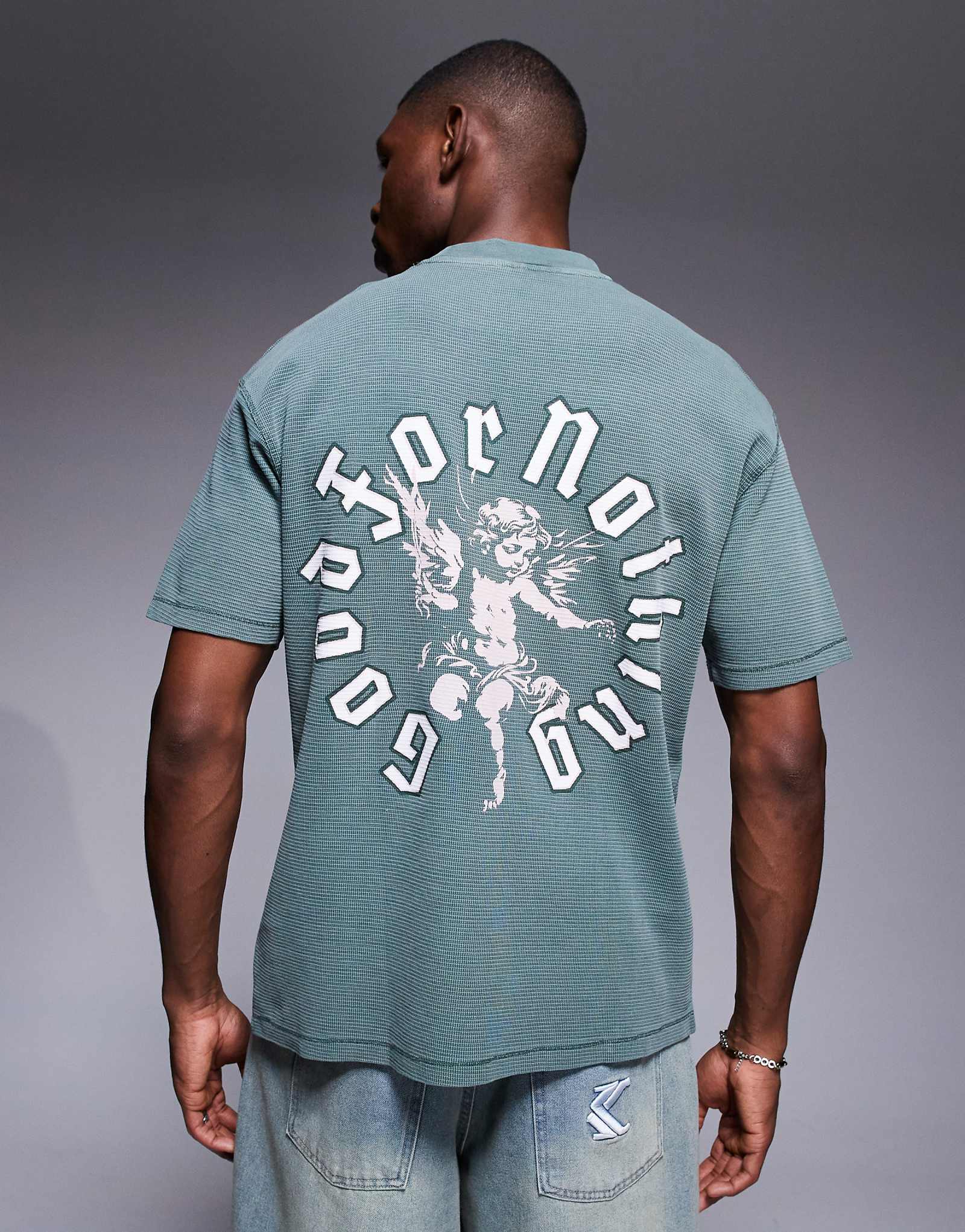 Вафельная футболка Good For Nothing свободного кроя зеленого цвета хаки с принтами на груди и спине 7490₽