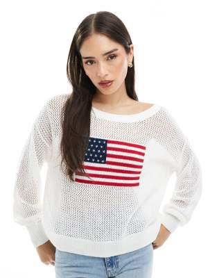 Белый графический свитер Hollister с длинными рукавами и напуском в американском стиле белого цвета