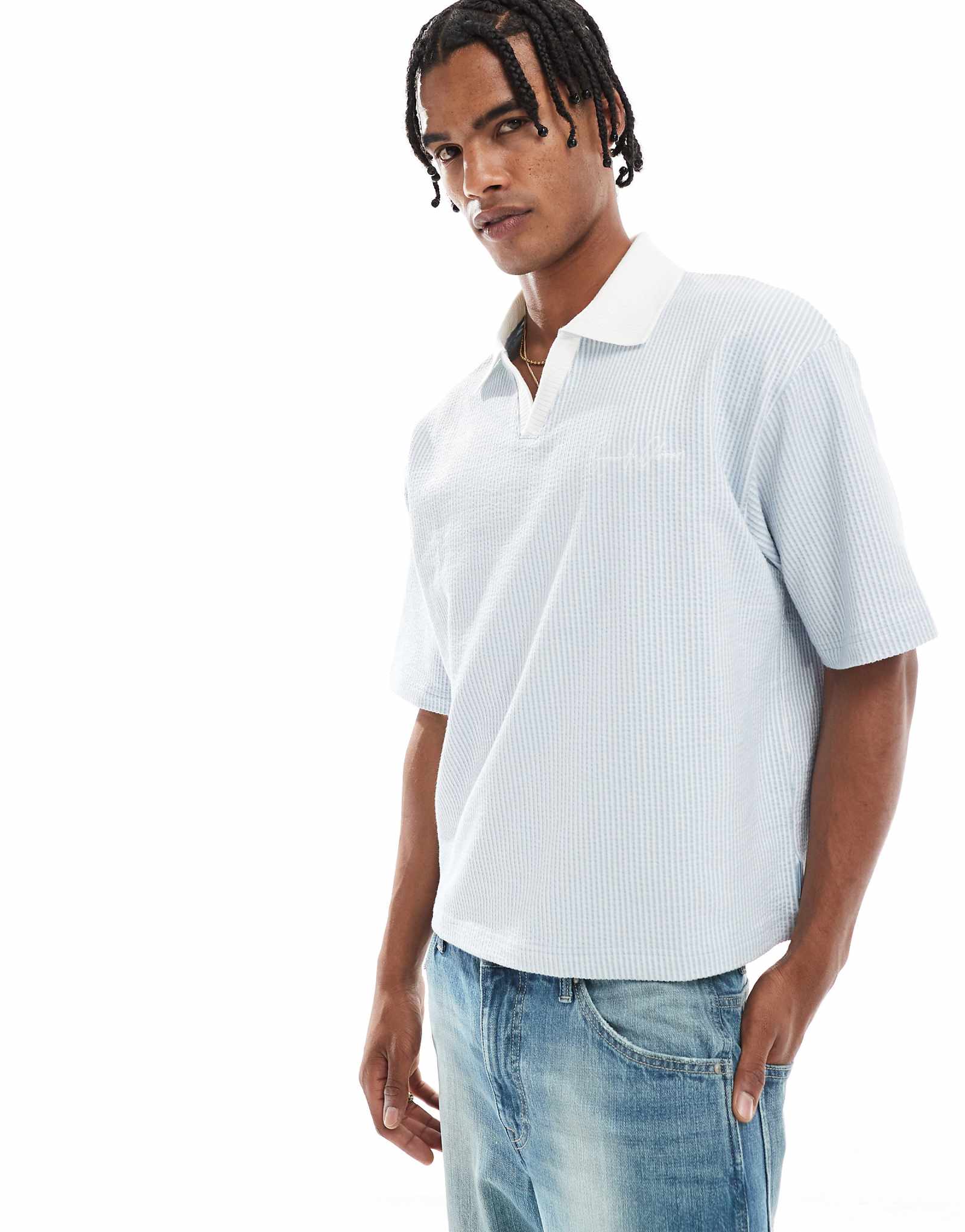 Рубашка-поло River Island с открытым воротом синего цвета в полоску 12290₽