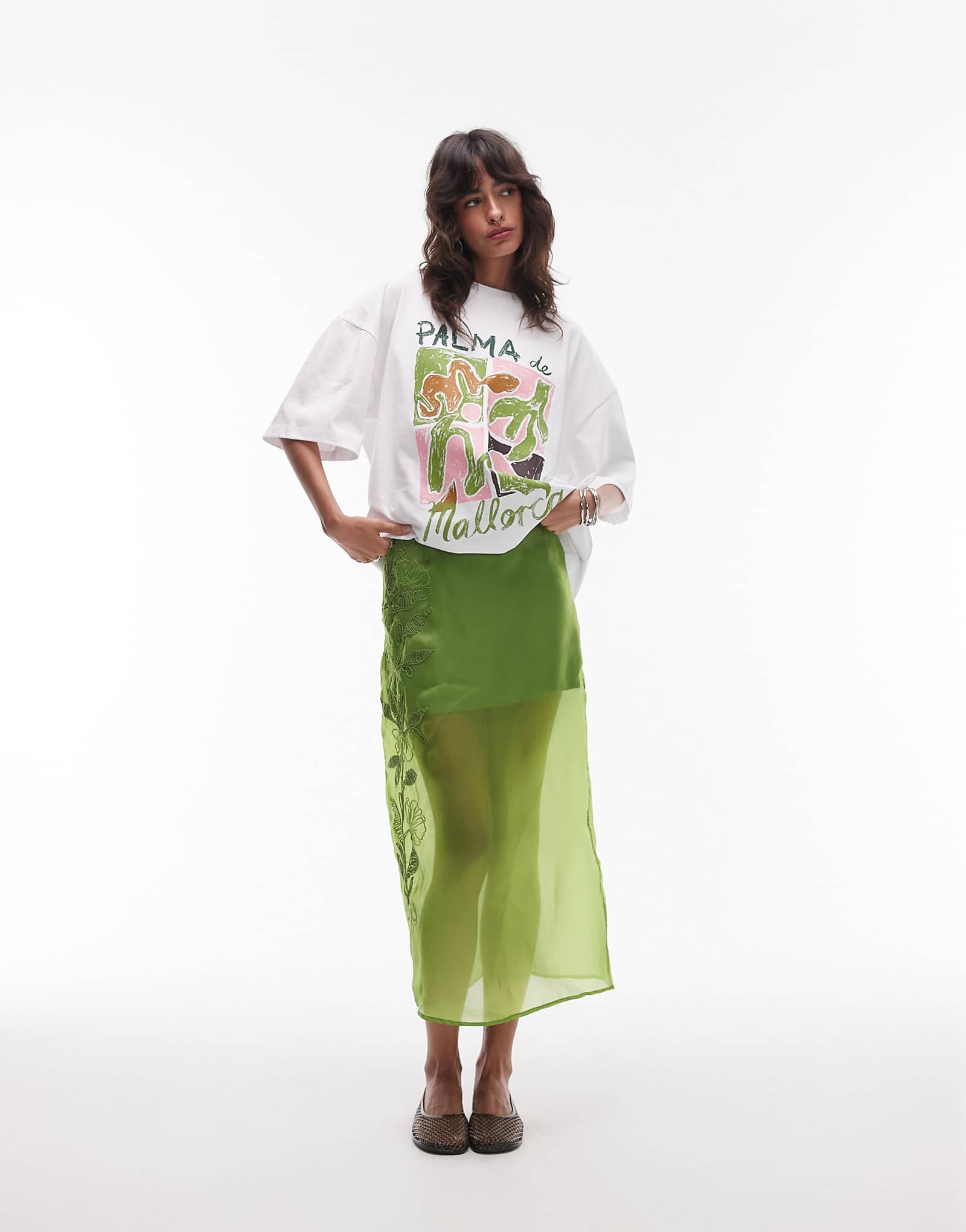 Юбка миди из вышитой органзы Topshop зеленого цвета 14290₽