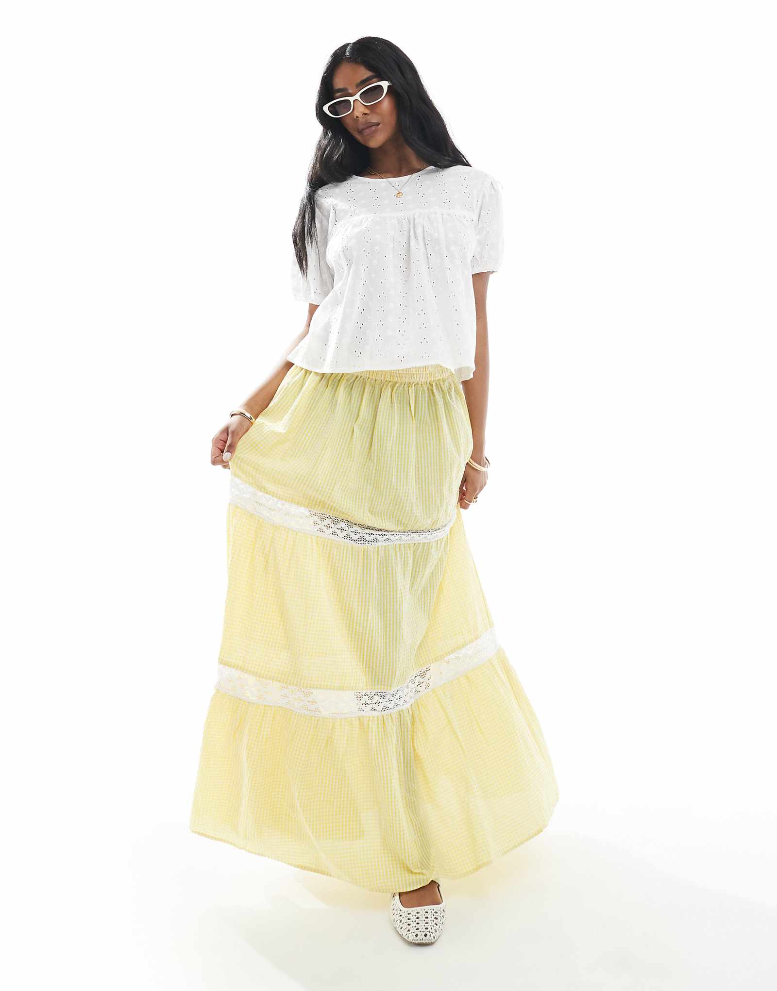 Юбка с кружевными вставками Wednesdays Girl gingham желтого цвета 6490₽