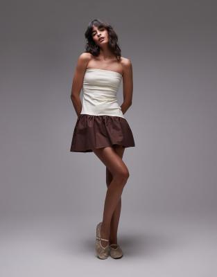 Мини-платье из поплина-бандо Topshop экрю и коричневого цвета