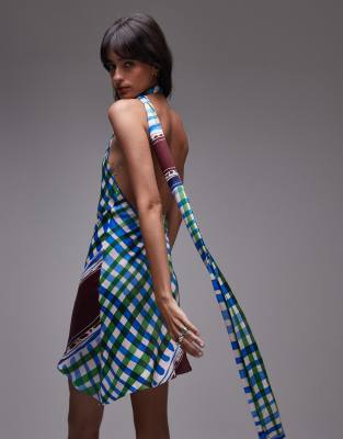 Мини-платье Topshop с атласным галстуком-бабочкой на шее и принтом в виде шарфа