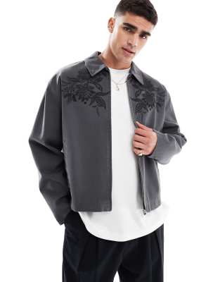 ДИЗАЙНЕРСКАЯ квадратная куртка harrington оверсайз от ASOS с вышивкой на груди стираного серого цвета