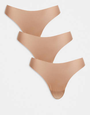 ASOS DESIGN 3-pack без VPL и с кружевными стрингами бежевого цвета