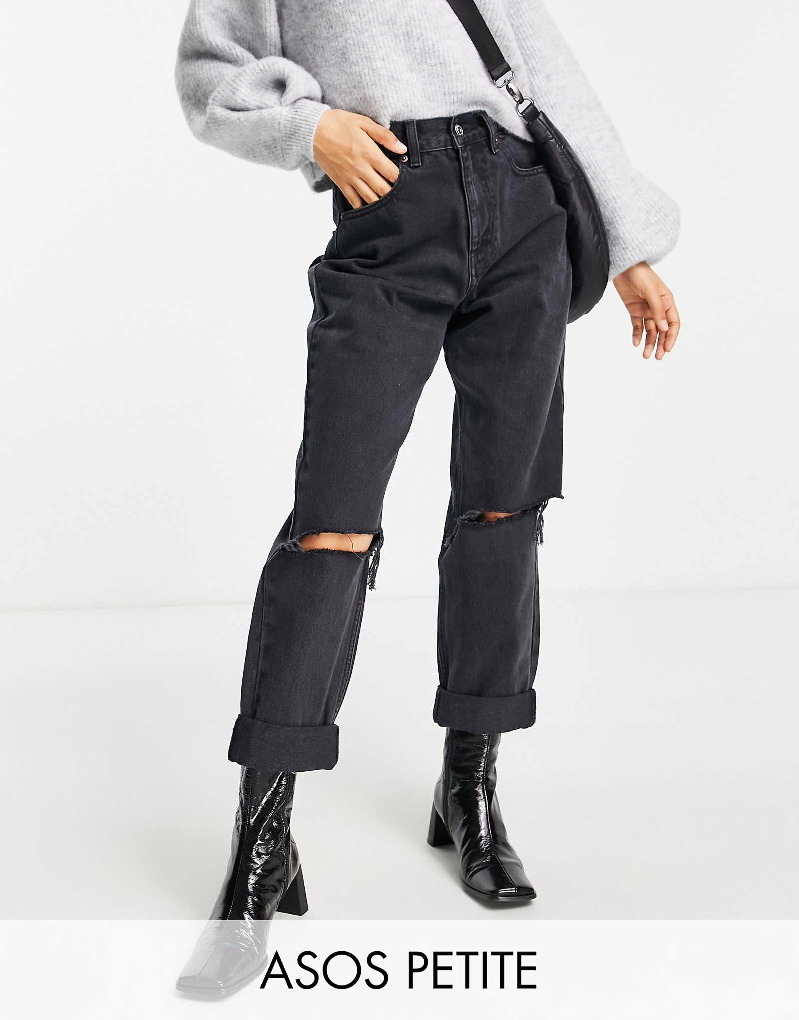 ASOS DESIGN Petite high waist slouchy mom jeans in washed black with rips 2990₽