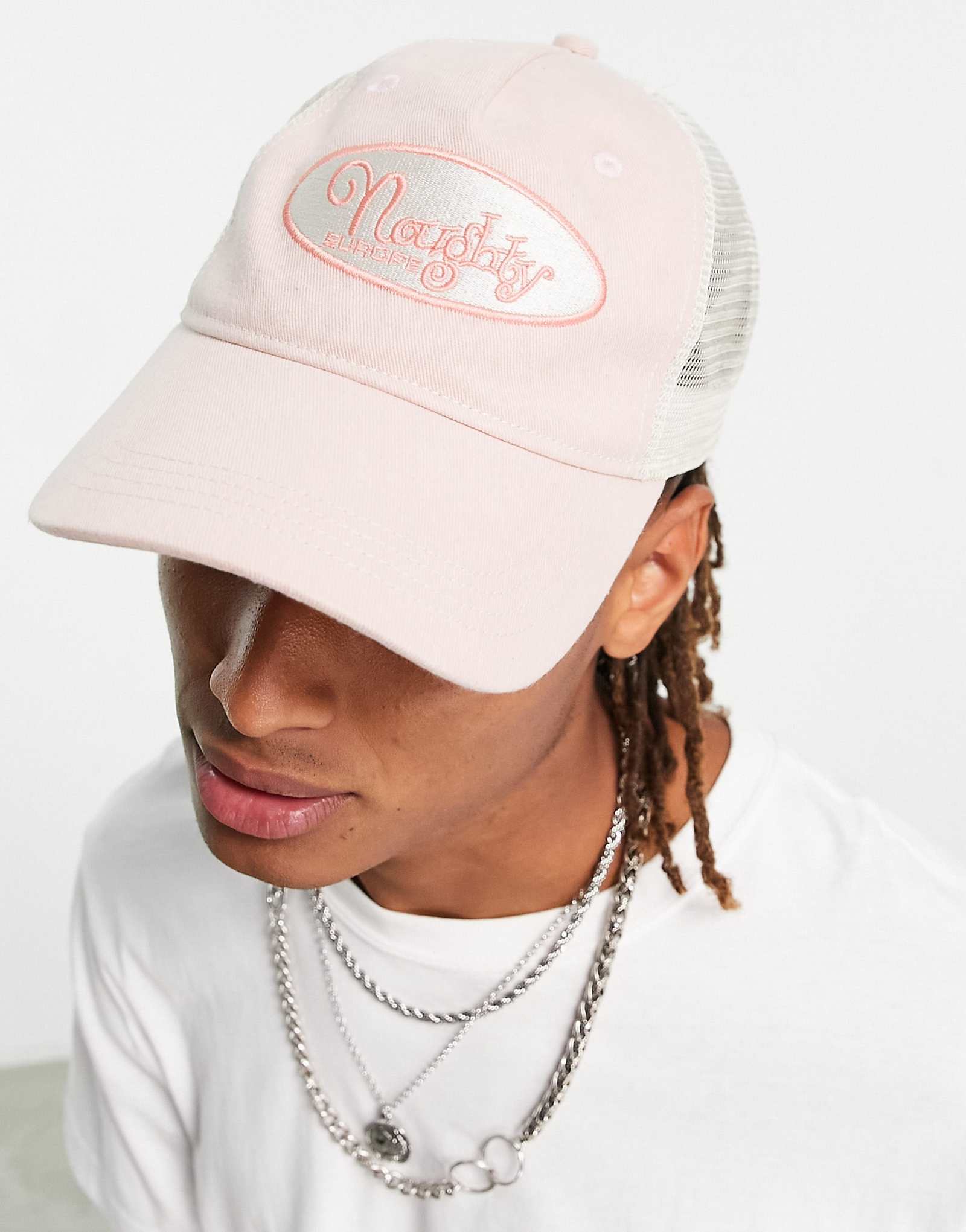 ASOS DESIGN trucker cap with text badge in pink and ecru 2490₽