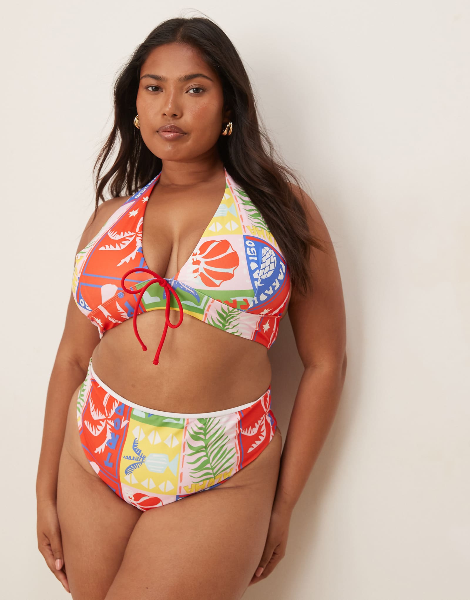 Плавки-бикини ASOS DESIGN Curve Trinny с завышенной талией и принтом paradiso