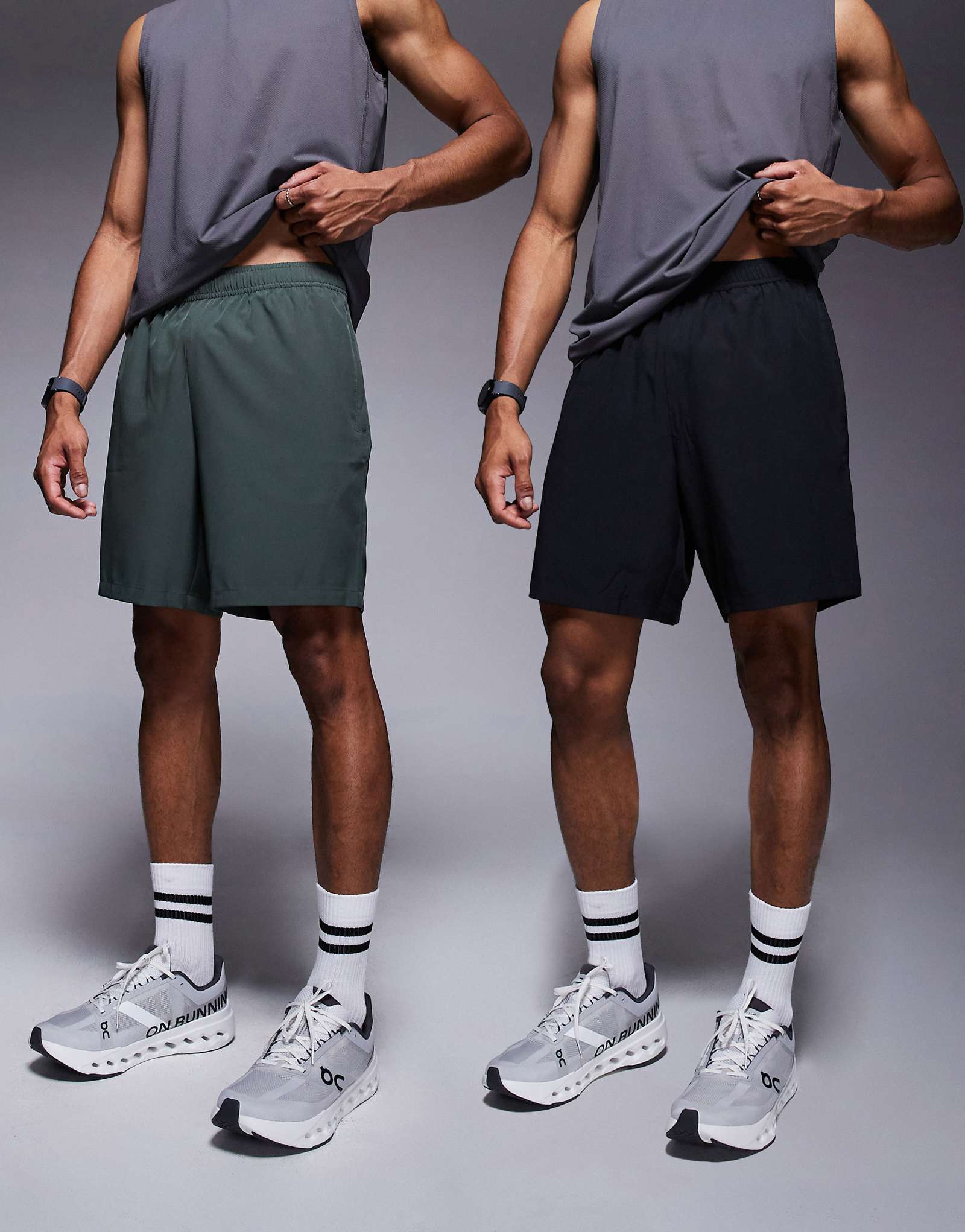 4505 Icon 2-х дюймовые быстросохнущие тренировочные шорты с карманом на молнии черного и темно-хаки цвета.