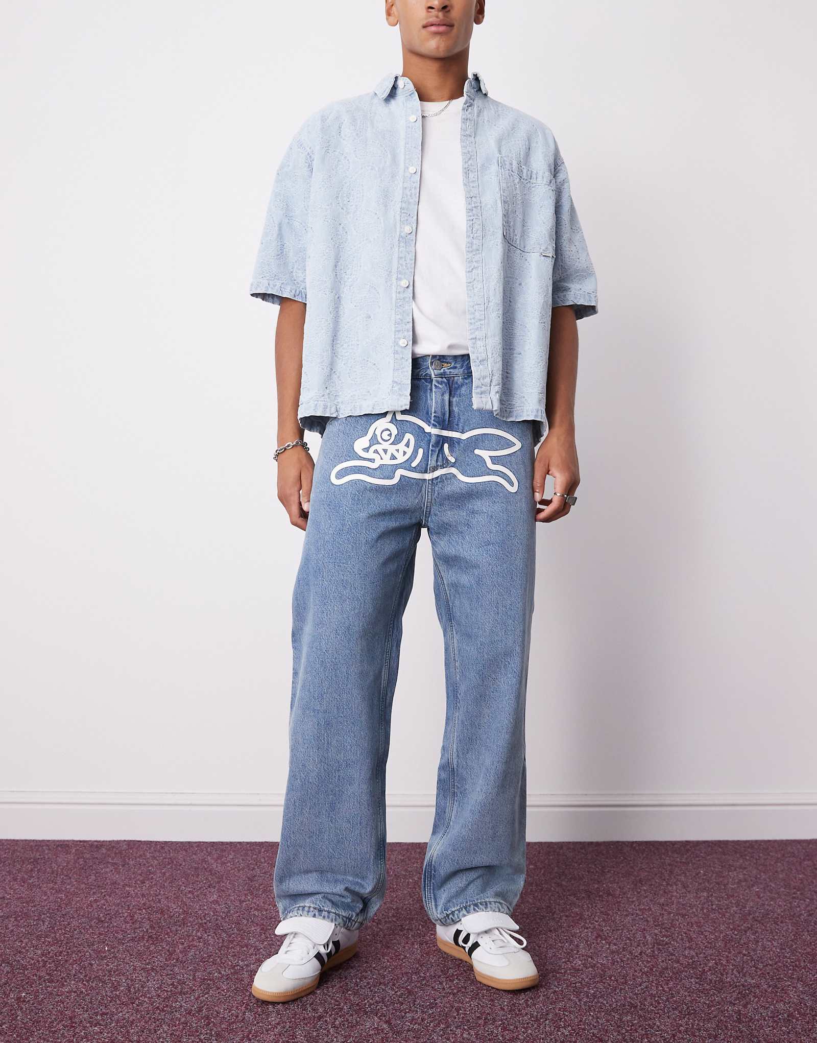 Мешковатые джинсы ICECREAM running dog из фланели синего цвета средней стирки