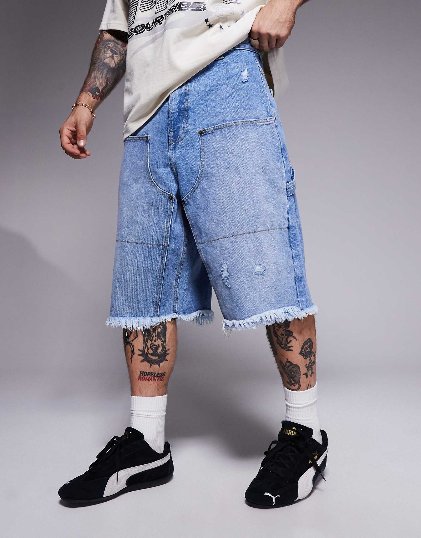 Потертые джинсовые шорты carpenter из плотницкой ткани в обтяжку синего цвета