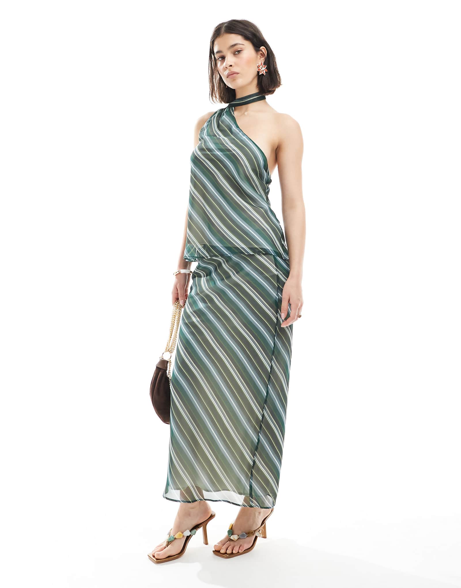 Дизайнерская шифо макси-юбка косого кроя ASOS DESIGN в зеленую полоску 5990₽